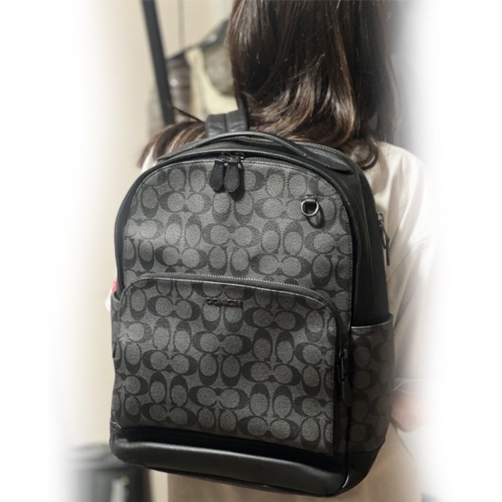 Coach ๐๐๐ Black Signature Canvas Backpack with Leather Trim NEW - Picture 9 of 16